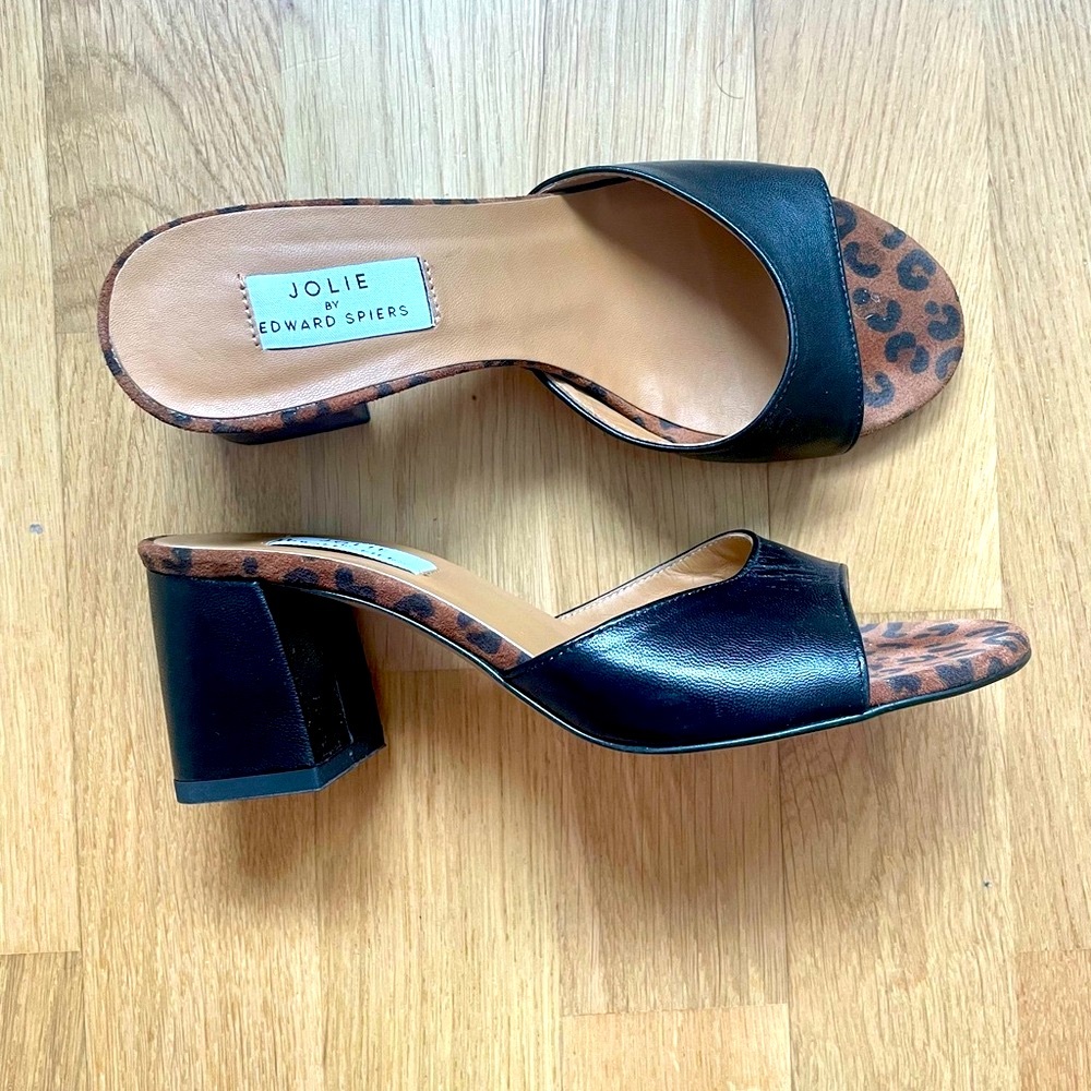 Italian Black Leather and Leopard Print Block Heel Slide - Size 6